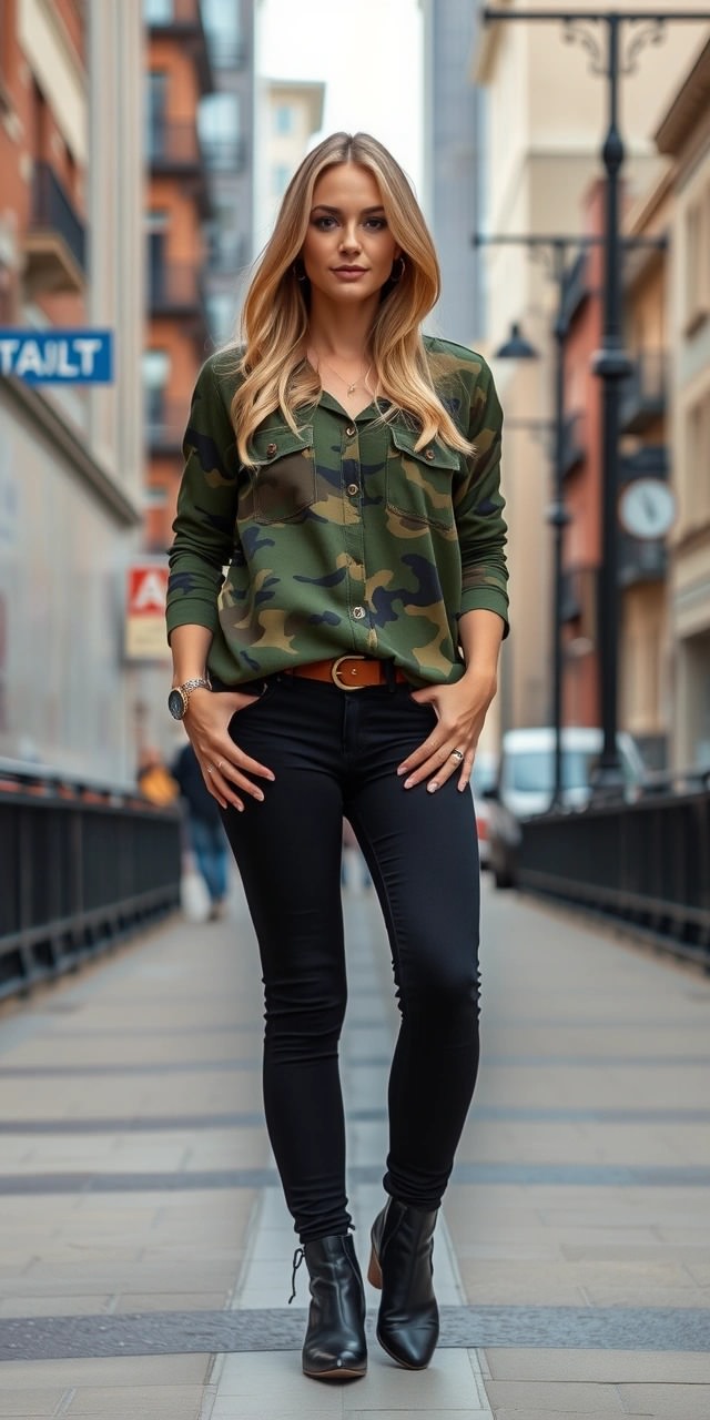 Moda Camouflage: Come indossare bene i colori mimetici 7 Donna con camicia mimetica camouflage e jeans neri skinny, abbinati a stivaletti neri per un look casual chic perfetto per la città.