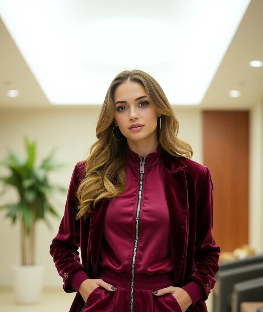 Donna con completo in velluto bordeaux composto da giacca bomber e pantaloni coordinati. Un outfit street-style raffinato e di tendenza