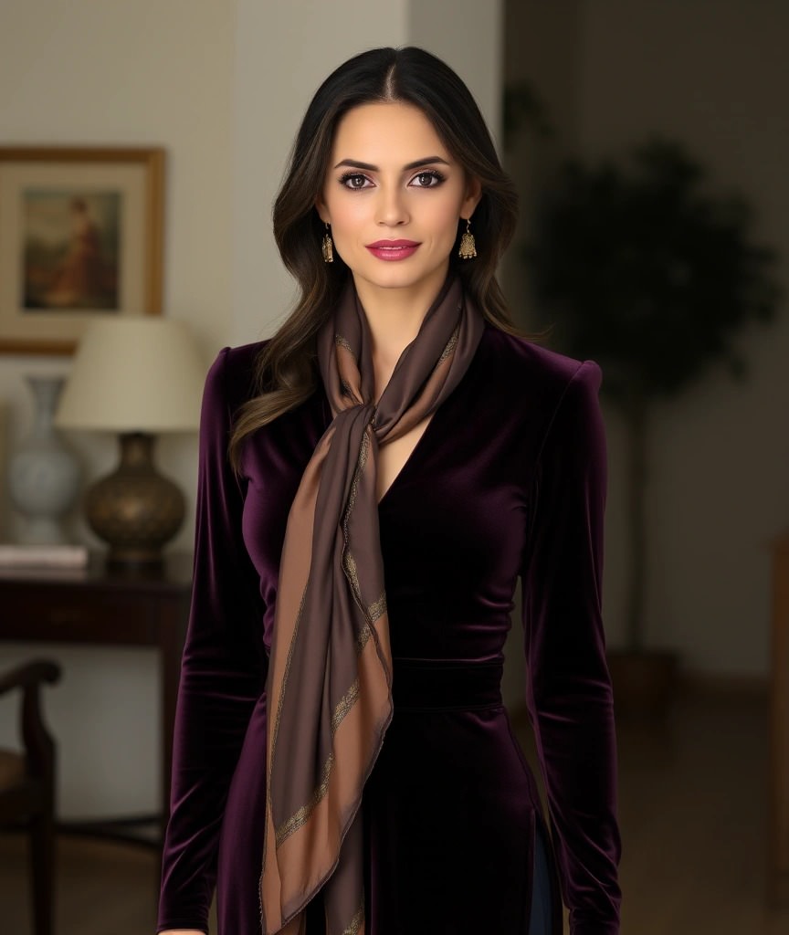 Donna con abito in velluto viola scuro e sciarpa in seta marrone con dettagli dorati. Un outfit elegante e sofisticato perfetto per un’occasione speciale.