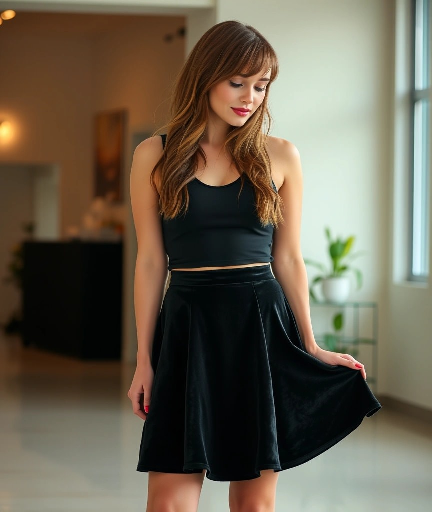 Donna con top corto nero e gonna skater in velluto nero. Un outfit semplice ma sofisticato che unisce femminilità e freschezza.