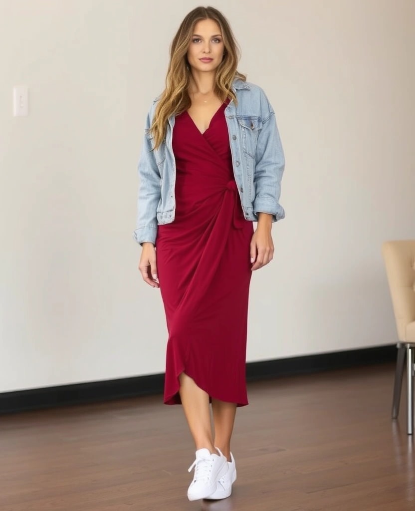 Donna indossa un elegante vestito a portafoglio rosso abbinato a una giacca di jeans oversize e sneakers bianche, creando un look casual chic perfetto per il giorno