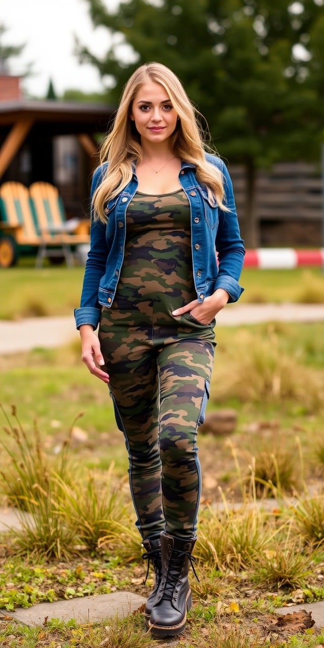 Moda Camouflage: Come indossare bene i colori mimetici 24 Donna con tuta mimetica camouflage e giacca di jeans, abbinata a anfibi neri, per un outfit dallo stile urban e grintoso.