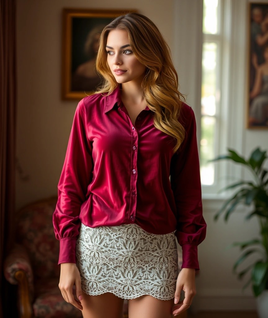 Donna con camicia di velluto rosso satinato e minigonna in pizzo bianco. Un look romantico e raffinato che gioca con il contrasto tra tessuti morbidi e strutturati