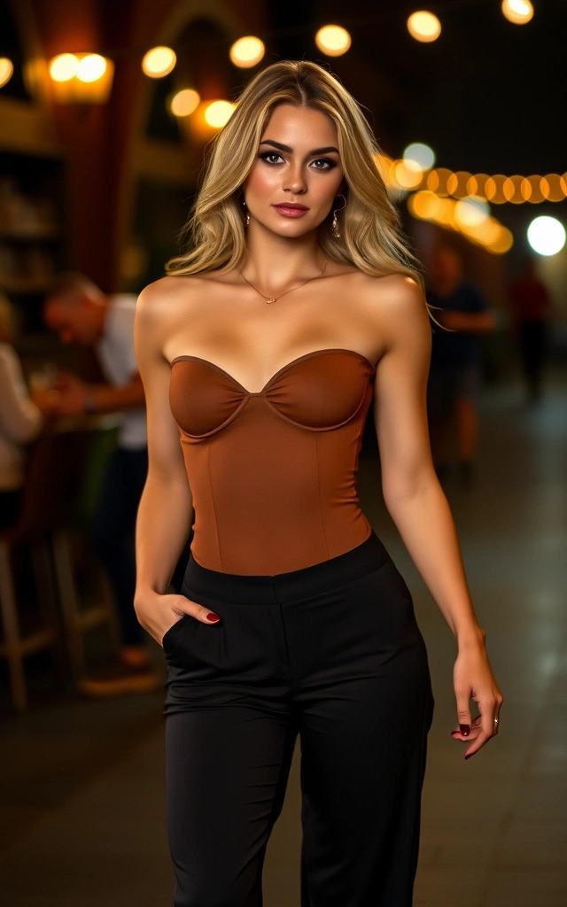 Cosa indossare con un fisico a rettangolo 8 Outfit da sera chic per donna con fisico a rettangolo: top bustier color bronzo e pantaloni neri a vita alta, una scelta perfetta per chi cerca ispirazione su come vestirsi con fisico a rettangolo donna in modo glamour e armonioso.