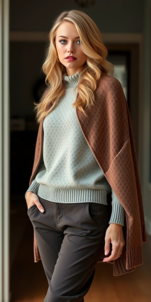 Come indossare la mantella 10 Look sobrio e raffinato con mantella donna marrone su maglione celeste e pantaloni grigio scuro, ideale per chi cerca idee su come abbinare una mantella donna con toni neutri.