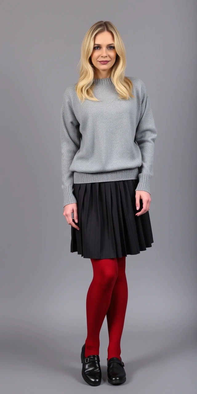 Come abbinare i collant colorati 1 Esempio di come abbinare i collant rossi con un look elegante e sobrio: maglione grigio oversize, minigonna a pieghe nera e mocassini neri in vernice.