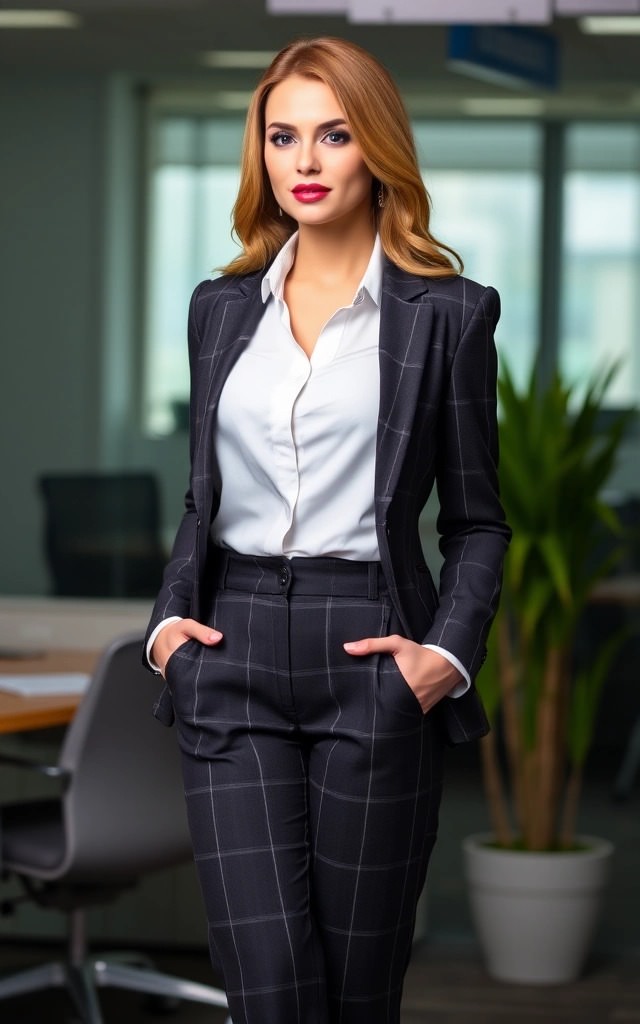 Outfit donna manager in stile sofisticato con completo nero a quadri e camicia bianca, esempio elegante di come deve vestire una donna manager professionale.

