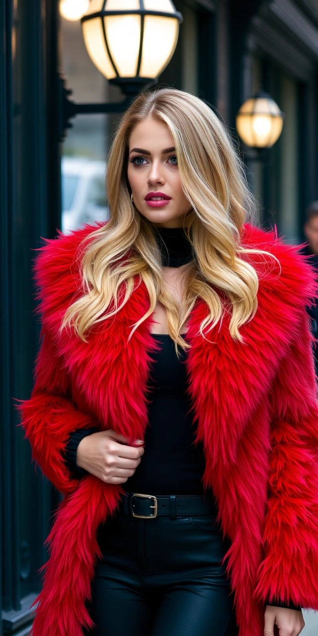 Come abbinare la pelliccia 6 Donna con pelliccia rossa voluminosa, dolcevita nero e pantaloni in pelle. Outfit elegante e grintoso, perfetto per un look da fashionista metropolitana