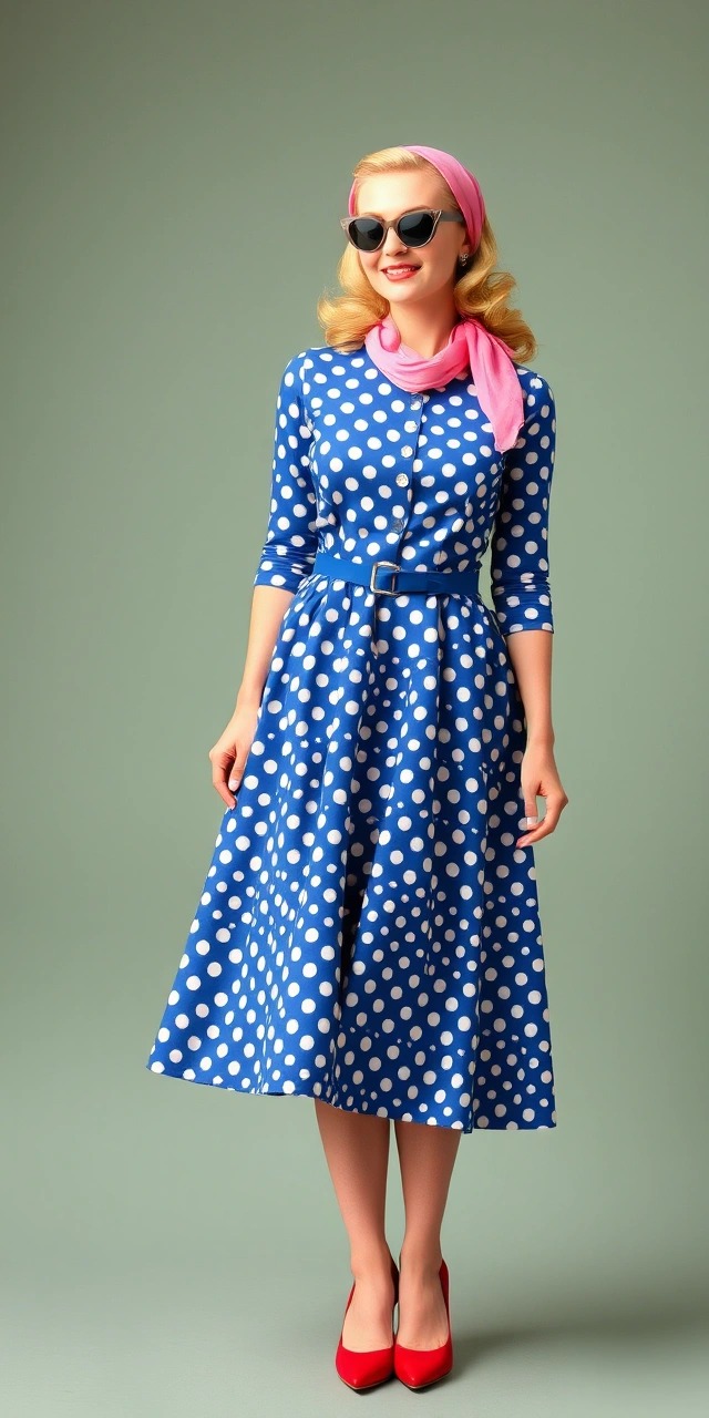"Donna in stile retrò anni '50 con abito blu a pois bianchi, foulard rosa, occhiali da sole vintage e scarpe rosse con tacco."

