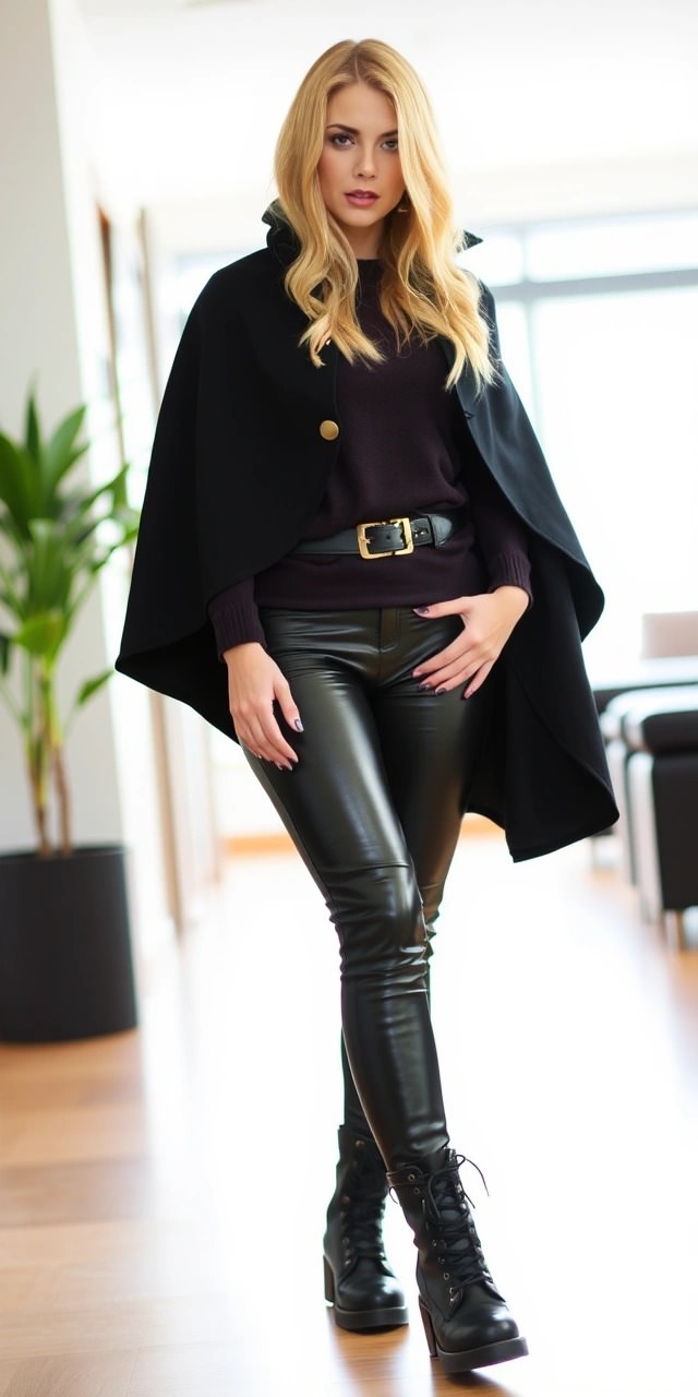 Come indossare la mantella 7 Outfit con mantella donna nera abbinata a leggings in ecopelle e anfibi con tacco, perfetto per chi cerca idee su come abbinare una mantella donna con stile grintoso.