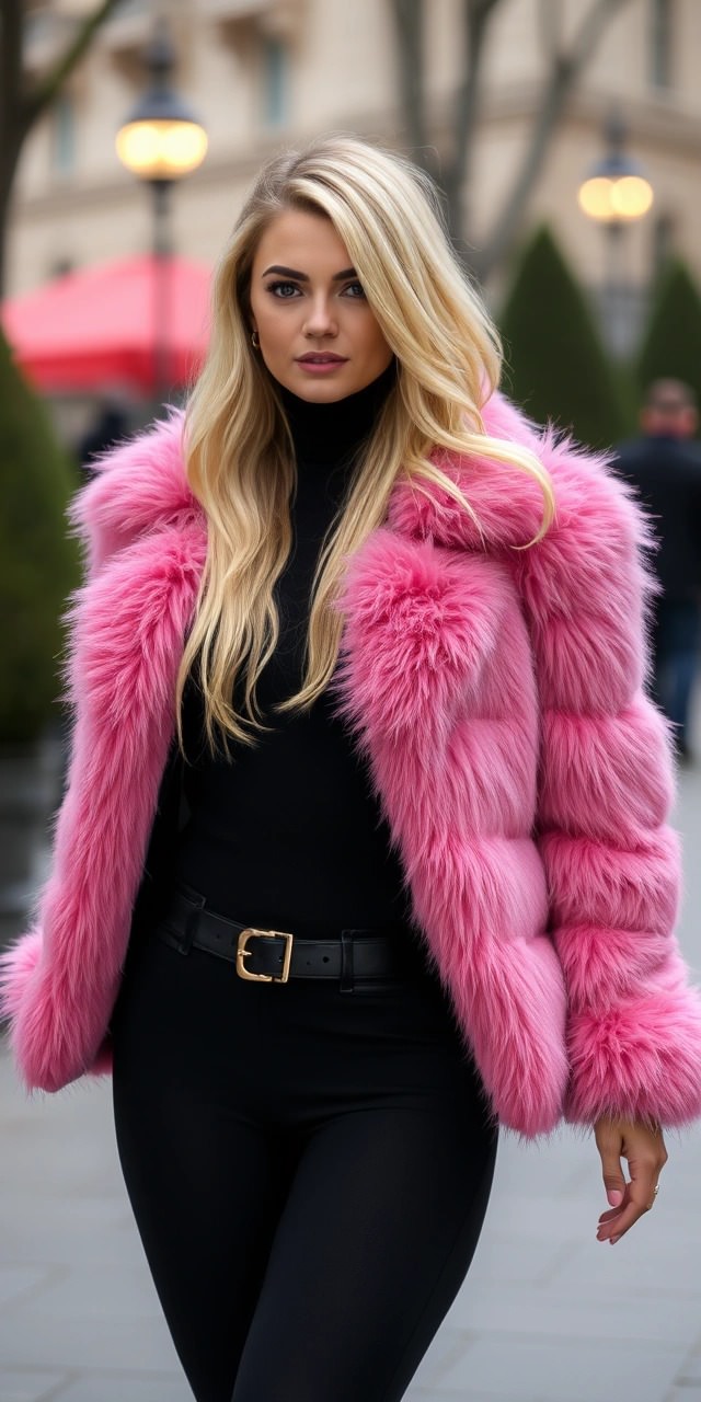 Come abbinare la pelliccia 5 Donna con pelliccia rosa e total black outfit, dolcevita e pantaloni aderenti con cintura. Look glamour e audace per un outfit urbano alla moda.
