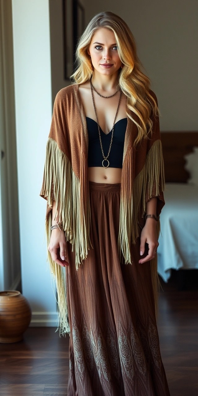 Come indossare la mantella 5 Outfit con mantella donna in stile boho con frange beige e marroni, abbinata a top nero e gonna lunga fluida, esempio originale di come abbinare una mantella donna in modo creativo.