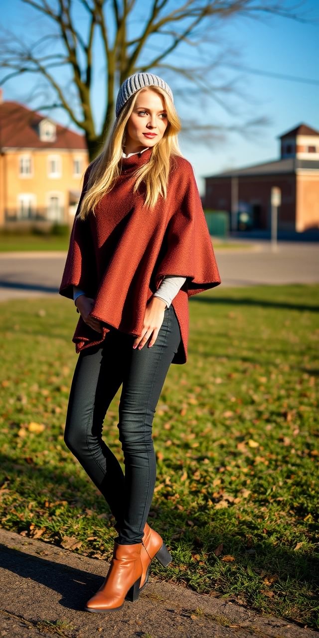 Come indossare la mantella 2 Look autunnale con mantella donna bordeaux, jeans neri aderenti, stivaletti con tacco e cappello in lana, ideale per chi cerca idee su come abbinare una mantella donna in stile urbano.