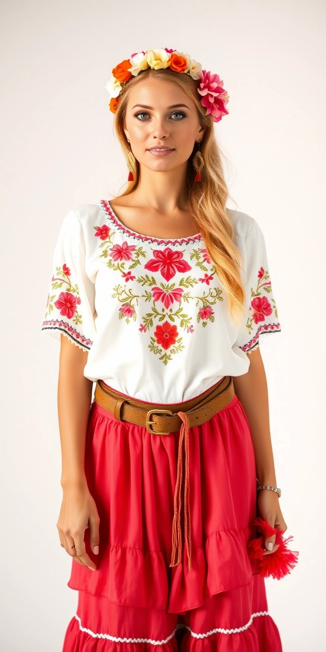 Cosa indossare per una serata messicana 1 Donna con blusa bianca ricamata a fiori rosa e verdi, gonna rossa a balze, cintura in cuoio e corona di fiori colorati, in stile messicano tradizionale.