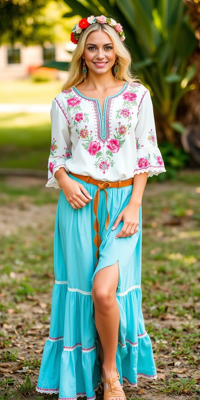 Cosa indossare per una serata messicana 2 Donna con blusa bianca a maniche lunghe ricamata con fiori rosa, gonna lunga azzurra con spacco e cintura intrecciata, indossa una corona floreale, in un look messicano folkloristico e femminile.
