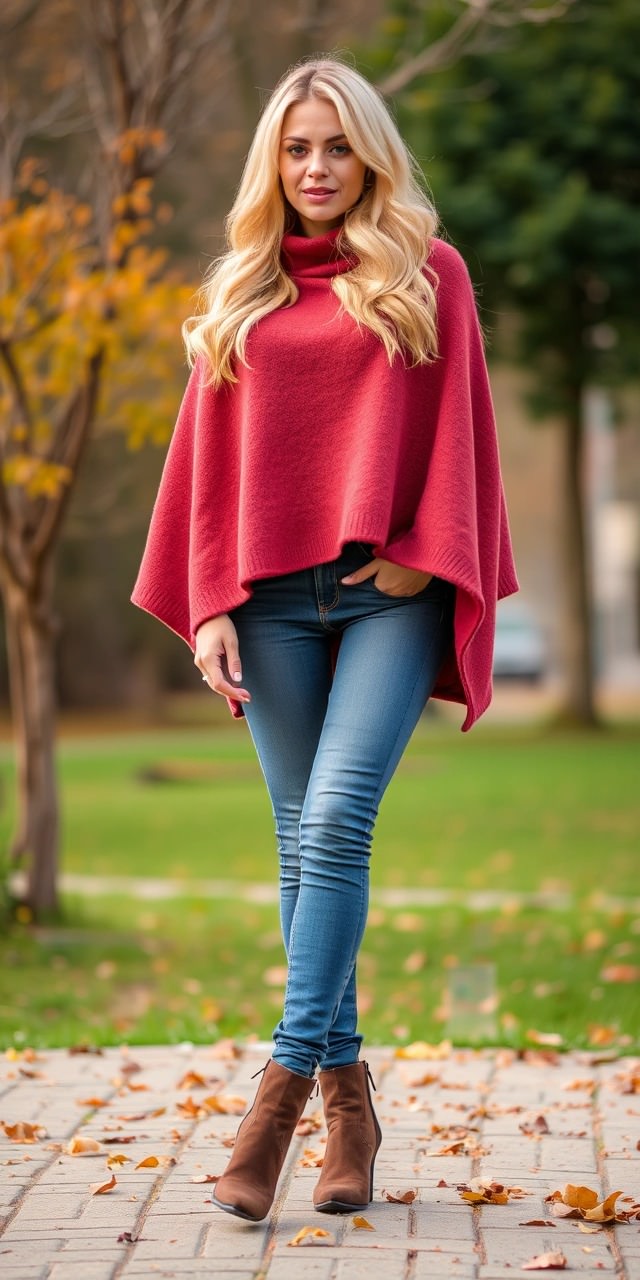 Come indossare la mantella 1 Outfit con mantella donna rossa abbinata a jeans skinny e stivaletti marroni, perfetto esempio di come abbinare una mantella donna in modo casual e chic.