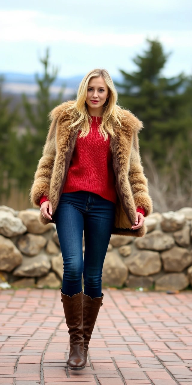 Come abbinare la pelliccia 2 Donna con pelliccia beige e maglione rosso, jeans e stivali marroni. Look casual chic per l'inverno, ideale per abbinare la pelliccia con un tocco di colore.