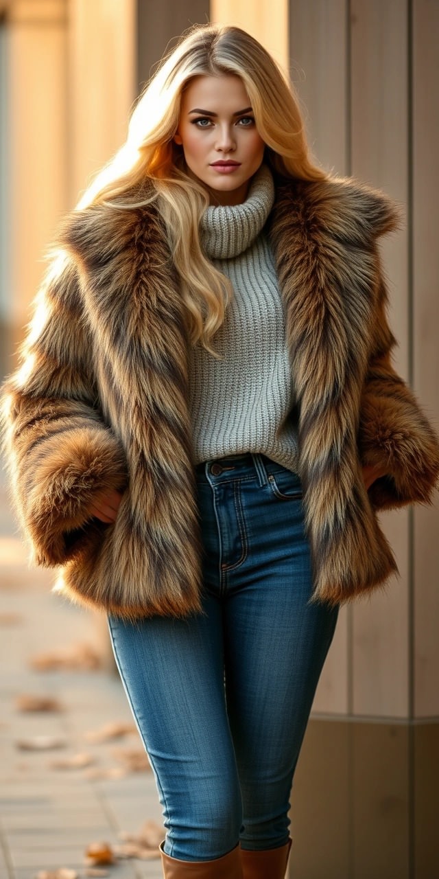 Come abbinare la pelliccia 1 Donna bionda con pelliccia marrone e beige, dolcevita grigio e jeans skinny. Outfit invernale elegante e casual, perfetto per abbinare la pelliccia con stile.