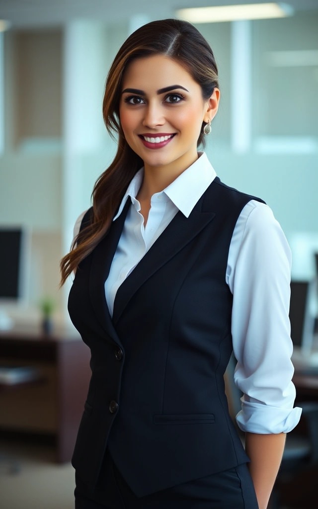 Donna manager con camicia bianca e gilet nero elegante, un outfit donna manager smart che dimostra come deve vestire una donna manager con un twist moderno.

