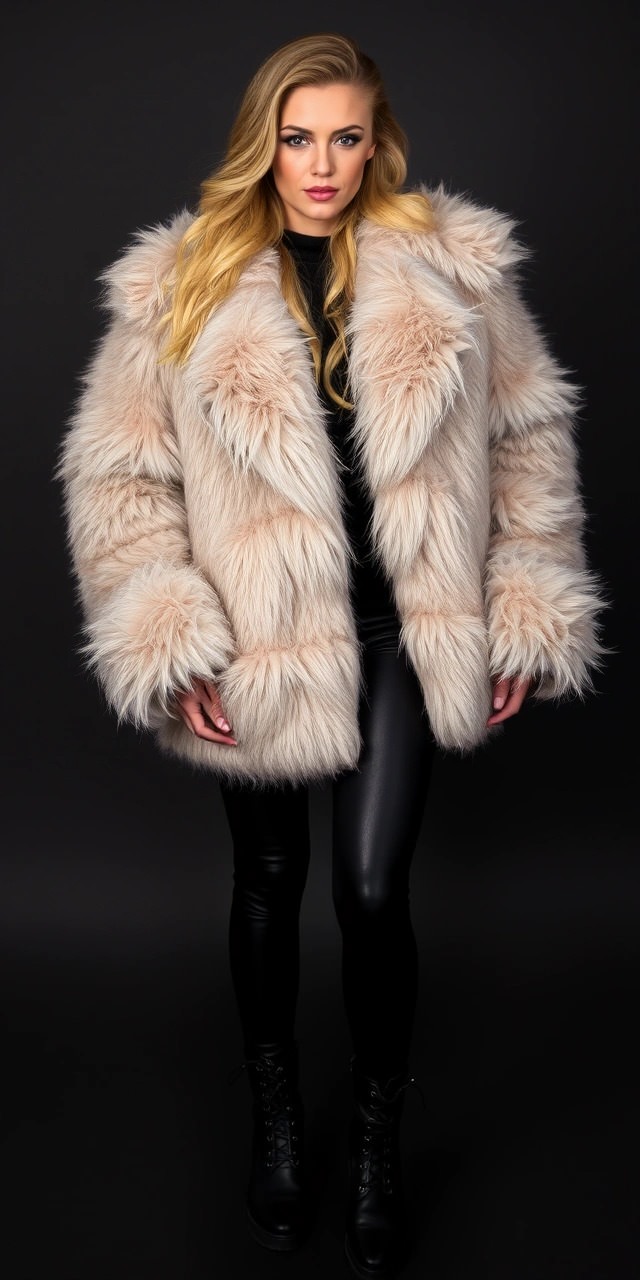 Come abbinare la pelliccia 8 Donna con maxi pelliccia beige, total black outfit con leggings in pelle e anfibi. Look glamour e audace, ideale per un outfit invernale alla moda.