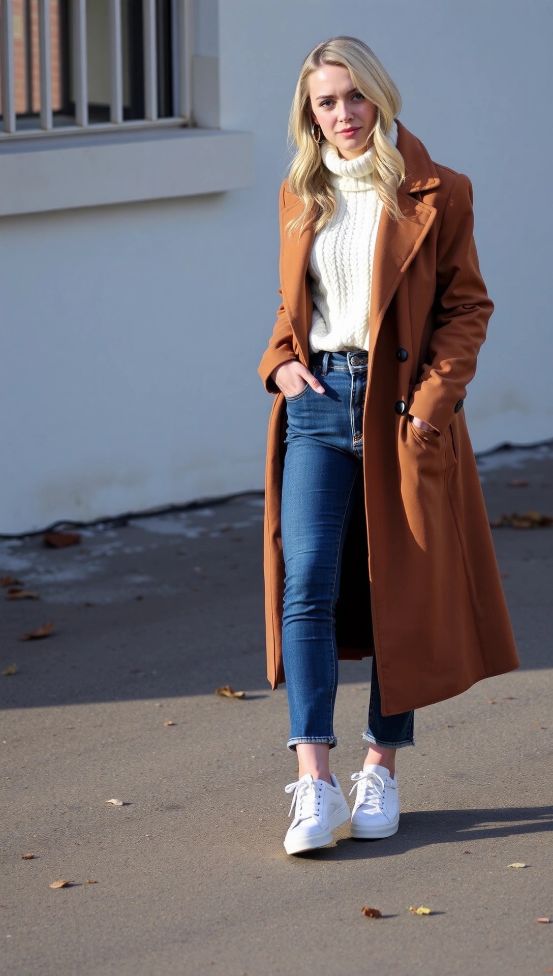 Outfit donna con cappotto teddy color panna abbinato a dolcevita e leggings neri in pelle per un look invernale moderno.