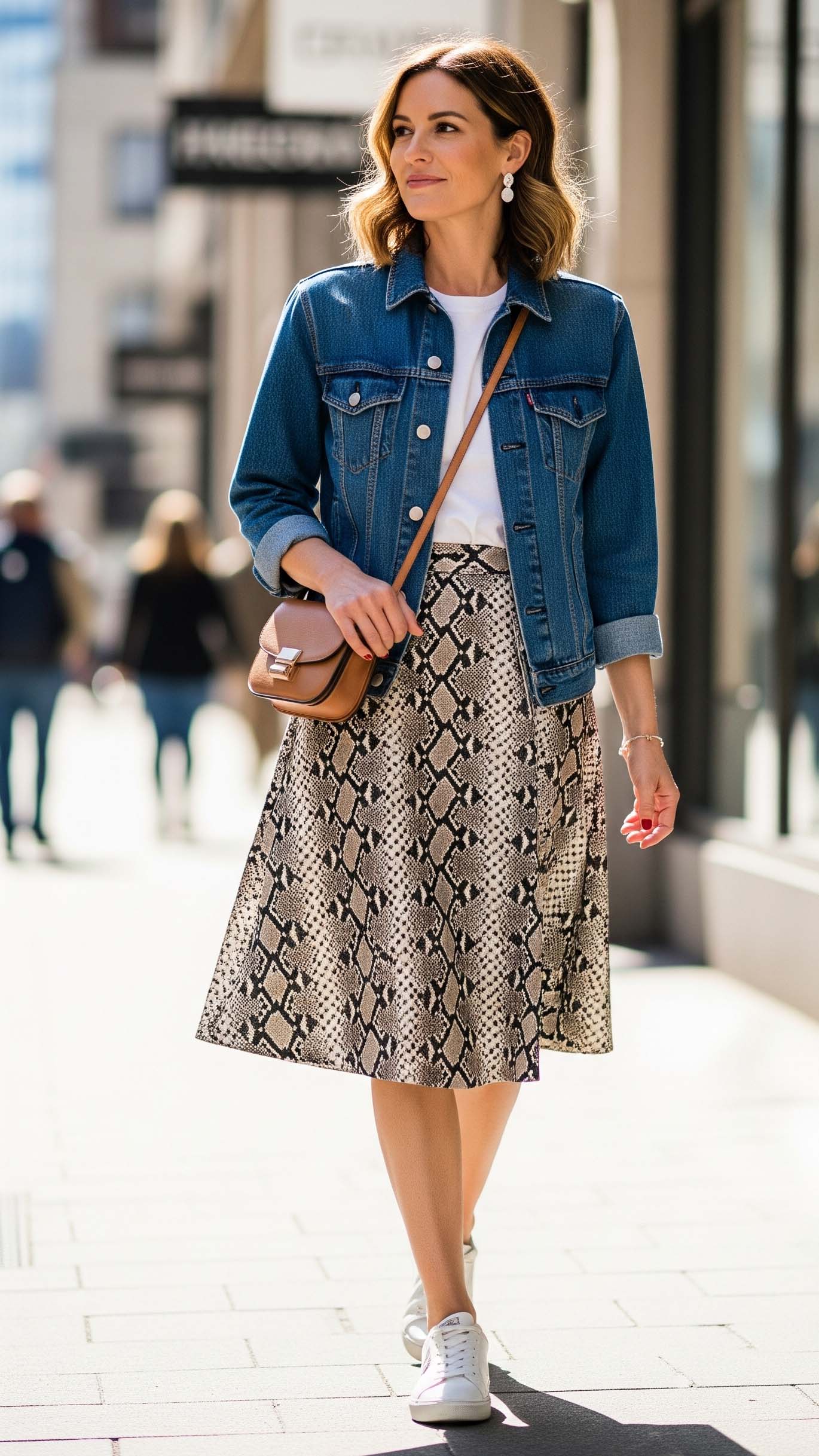 Come Abbinare il Pitonato: Guida 2025 per Look Perfetti 9 Una donna con un perfetto look da giorno facile e stiloso, che abbina una gonna pitonata a una giacca di jeans e una t-shirt bianca.