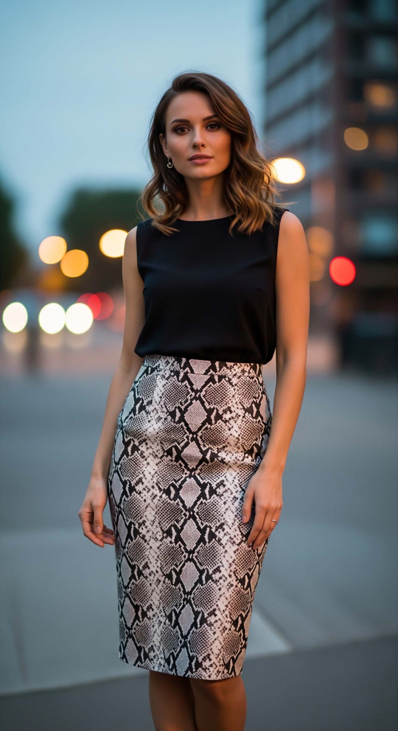 Come Abbinare il Pitonato: Guida 2025 per Look Perfetti 6 Una donna mostra un look da sera chic e rock, abbinando una gonna pitonata a tubino con un semplice top nero, come esempio di abbinamento con tonalità neutre.