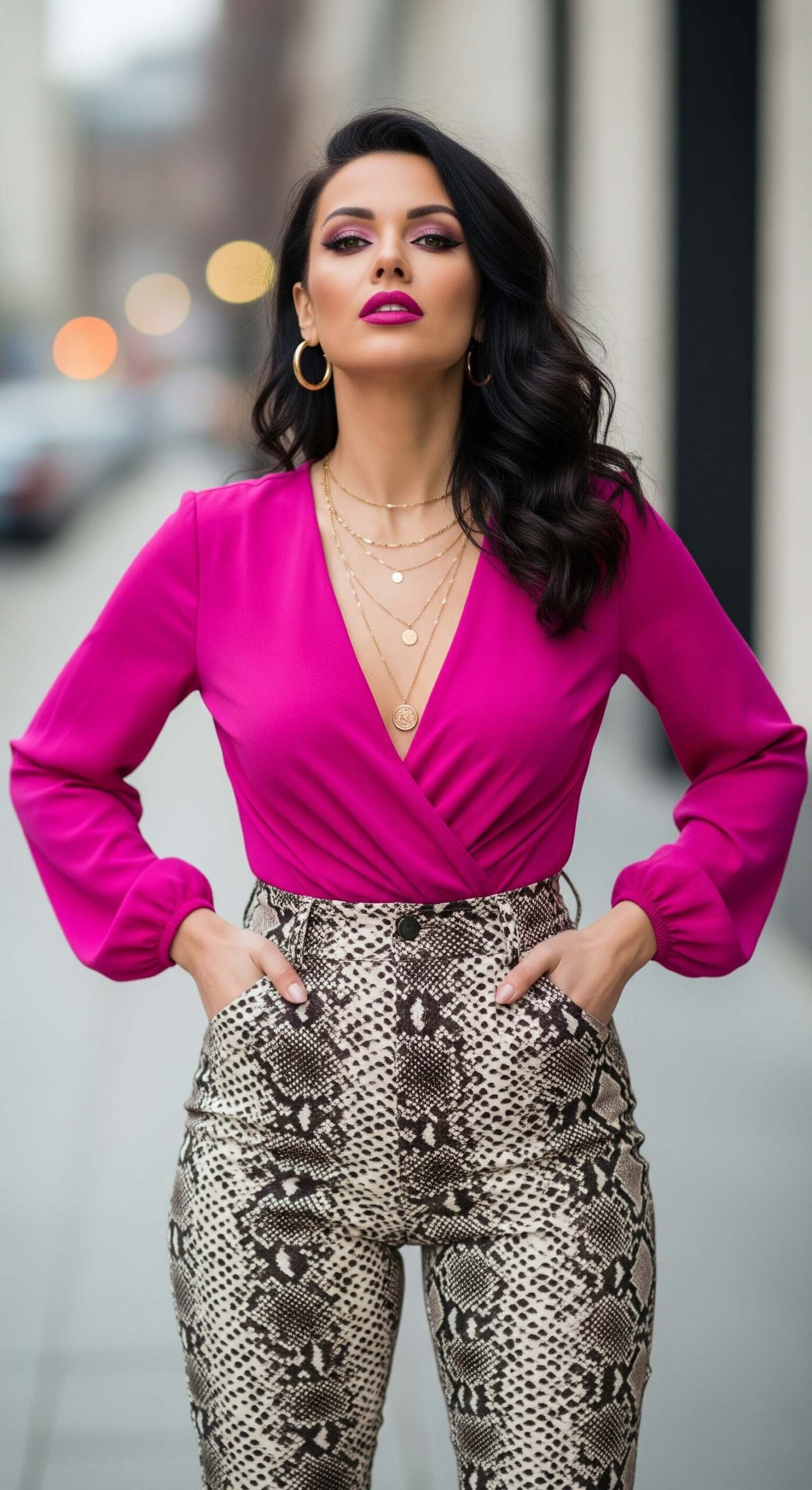 Come Abbinare il Pitonato: Guida 2025 per Look Perfetti 11 Esempio di come abbinare il pitonato a un colore acceso: una donna indossa un top fucsia con pantaloni a stampa pitone per un look audace.