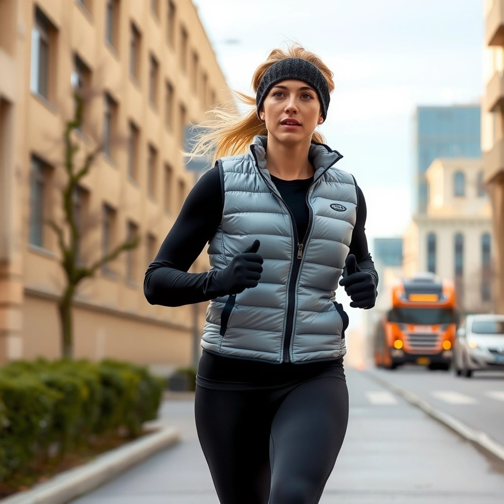 Donna che corre con 9 gradi in città indossando maglia tecnica nera, leggings termici, gilet argentato, fascia paraorecchie e guanti da running.