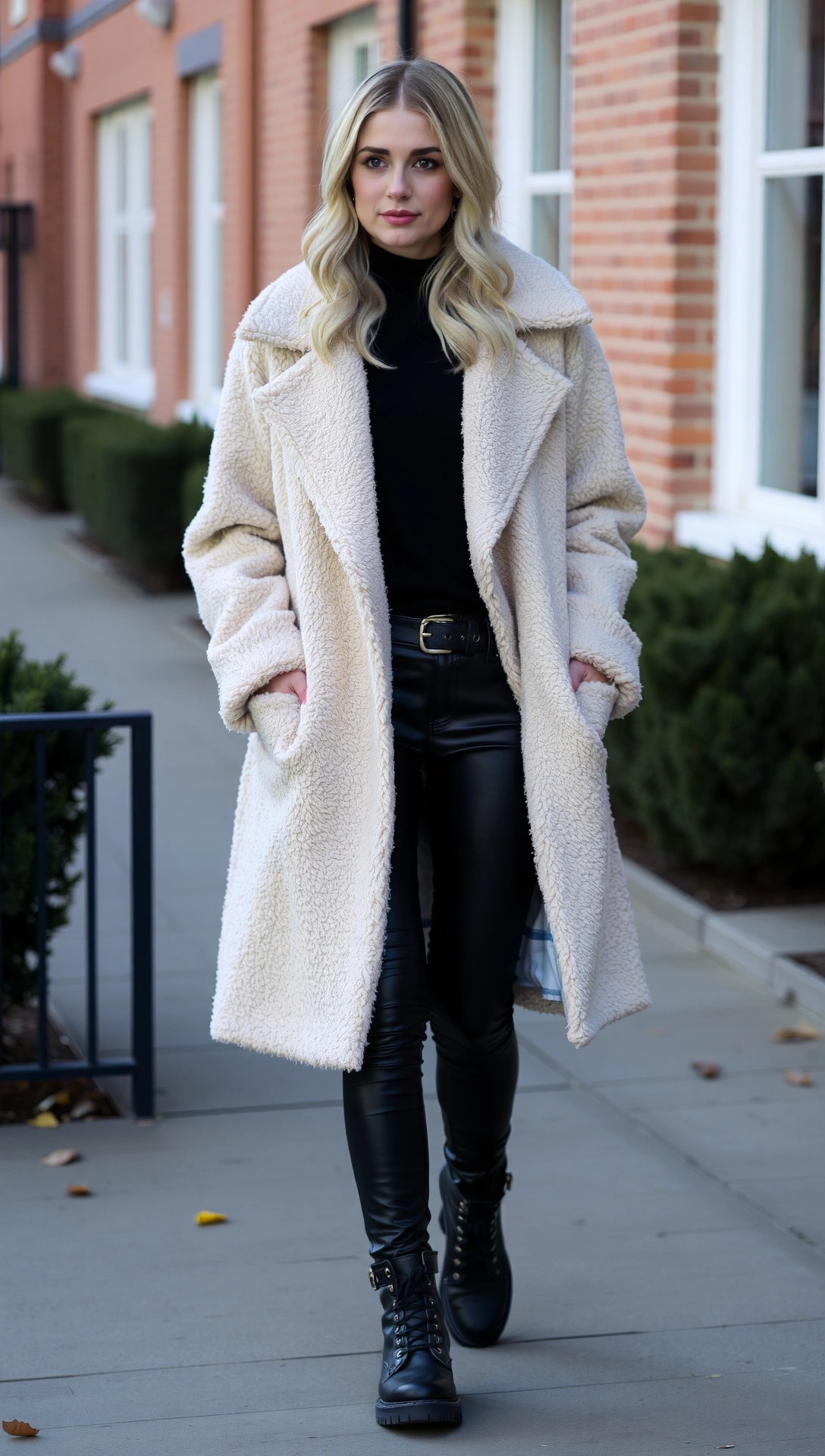 Look da giorno donna con cappotto color cammello abbinato a un maglione bianco, jeans e sneakers per un outfit casual chic.