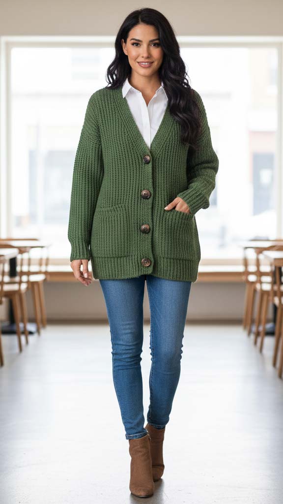 Cardigan: Come indossarlo per ogni occasione 1 Donna con un outfit casual che indossa un cardigan lungo beige abbinato a jeans skinny e stivaletti.