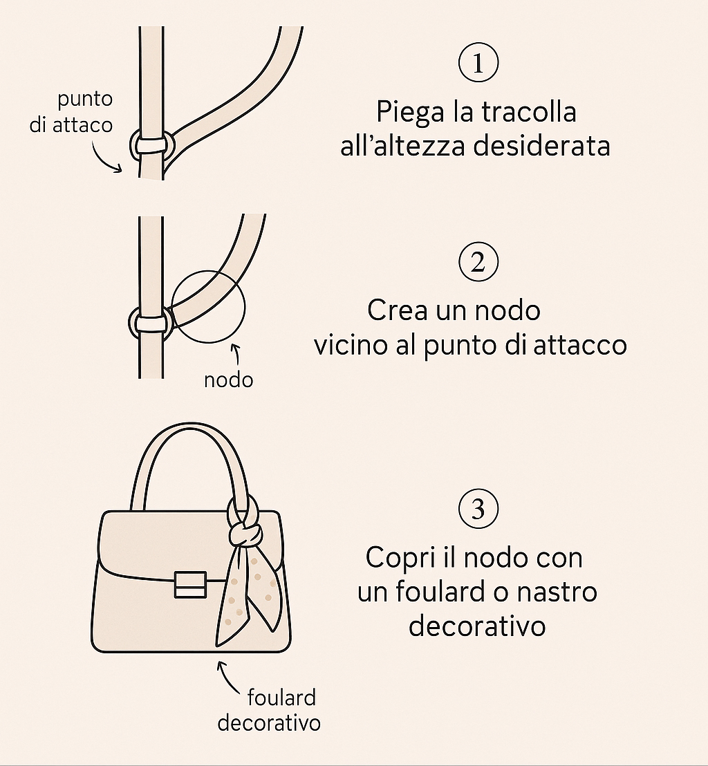 Come accorciare la tracolla troppo lunga di una borsa 1 Infografica minimal chic che mostra come accorciare la tracolla troppo lunga di una borsa con un nodo elegante e un foulard decorativo in tre semplici passaggi.
