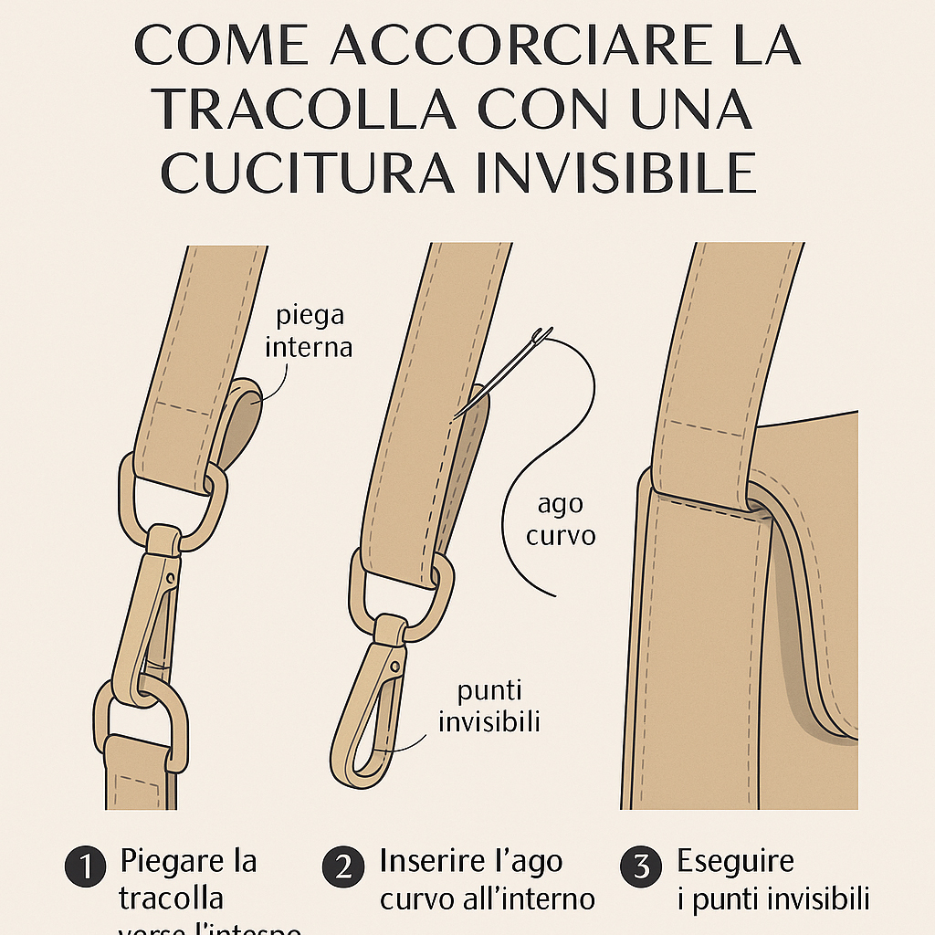 Come accorciare la tracolla troppo lunga di una borsa 6 Infografica che mostra come accorciare la tracolla troppo lunga di una borsa con una cucitura invisibile, illustrando piega interna, ago curvo e punti nascosti passo dopo passo.