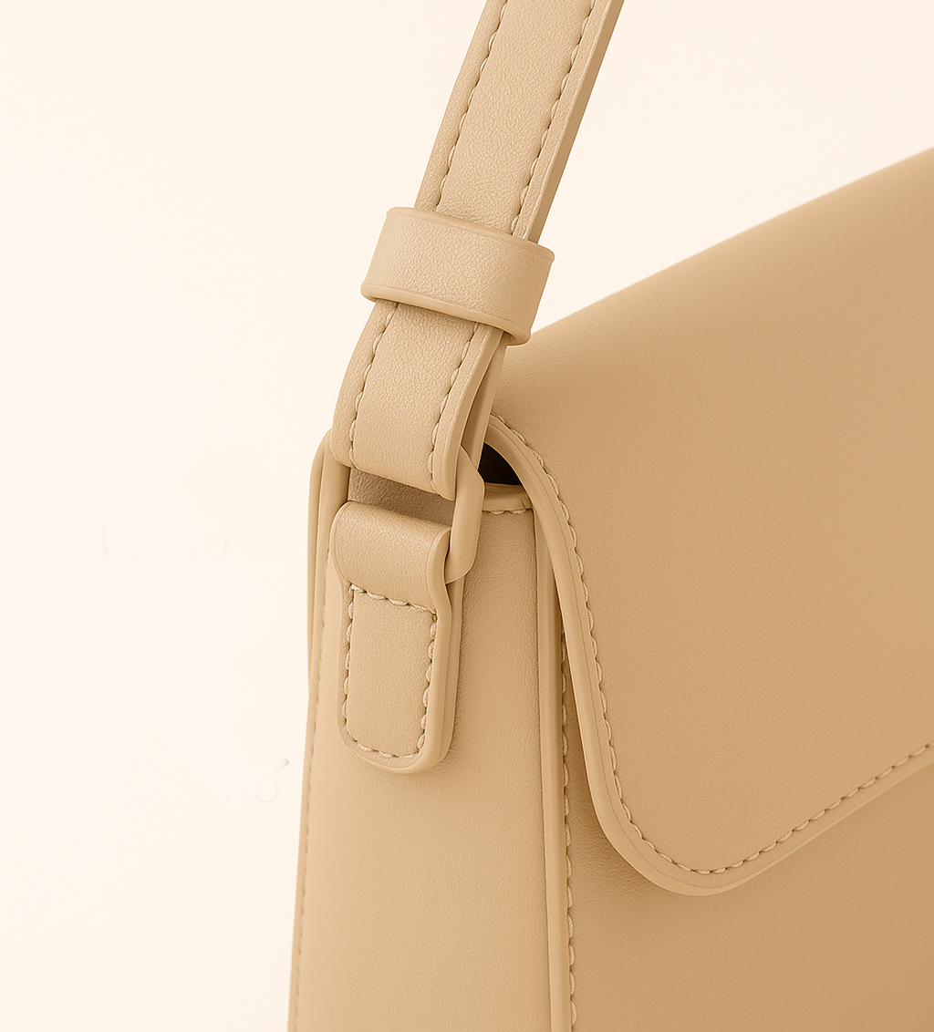 Come accorciare la tracolla troppo lunga di una borsa 9 Primo piano della tracolla di una borsa beige con fermacintura regolabile, che mostra il dettaglio del punto invisibile e del fissaggio elegante.