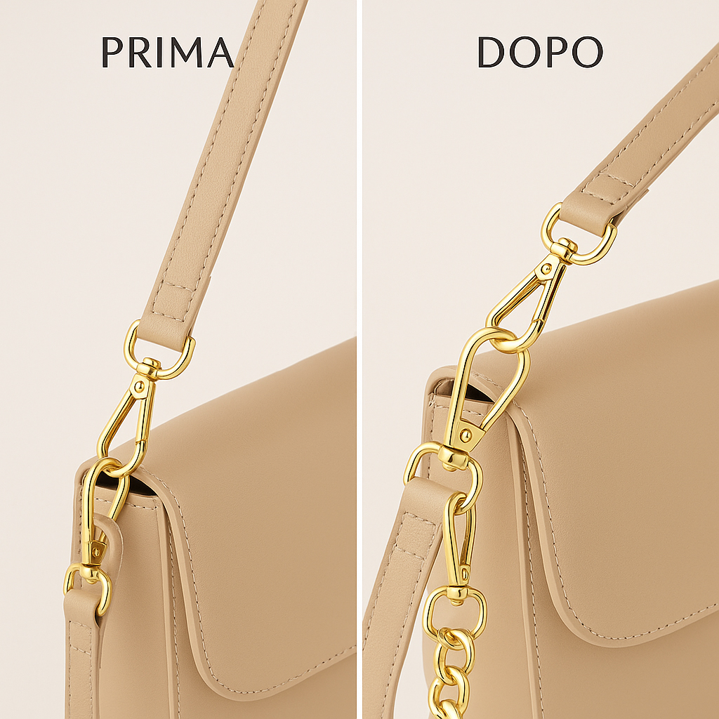 Come accorciare la tracolla troppo lunga di una borsa 3 Confronto prima e dopo che mostra come accorciare la tracolla di una borsa beige usando moschettoni dorati per creare un nuovo punto di attacco.