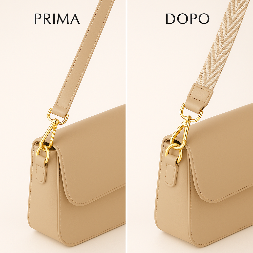 Come accorciare la tracolla troppo lunga di una borsa 12 Confronto prima e dopo che mostra una borsa beige con tracolla originale in pelle e una nuova tracolla in tessuto intrecciato più corta e moderna.