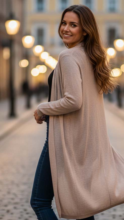 Cardigan: Come indossarlo per ogni occasione 2 Donna con un outfit casual-chic che indossa un cardigan lungo e leggero color sabbia sopra jeans skinny in una strada cittadina.