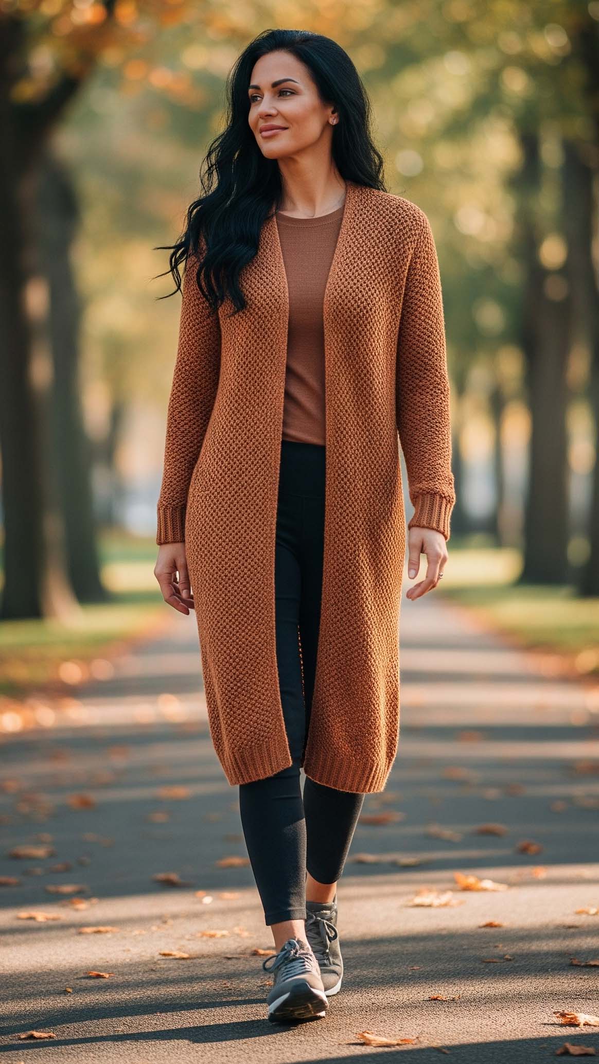 Cardigan: Come indossarlo per ogni occasione 3 Donna con capelli scuri che cammina in un parco autunnale, indossando un cardigan lungo color mattone sopra leggings neri e scarpe da ginnastica.