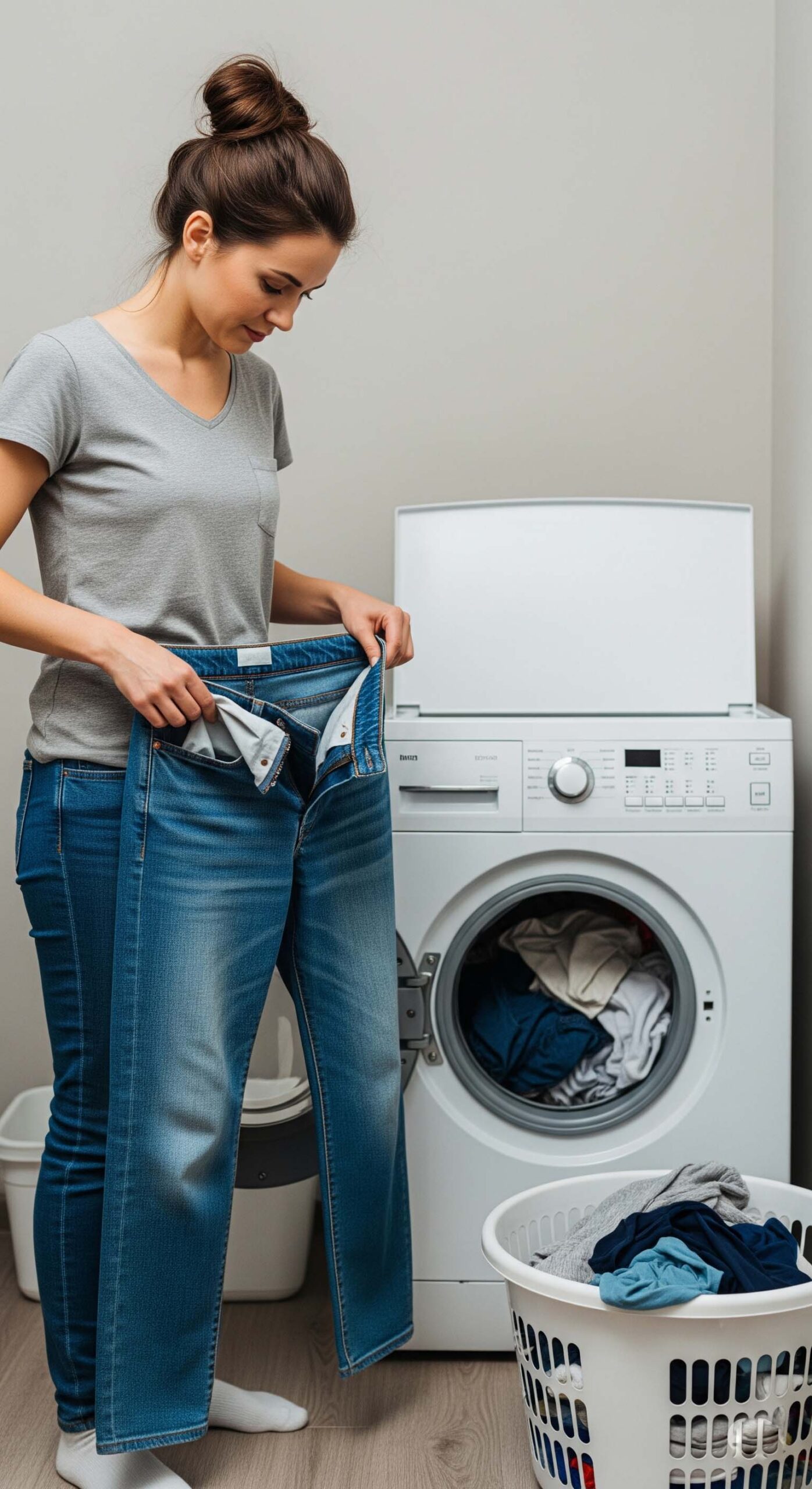 Come Lavare i Jeans Senza Rovinarli | Guida Definitiva 2025 1 Donna in piedi in una lavanderia che controlla attentamente le tasche rovesciate di un paio di jeans prima di inserirli nella lavatrice aperta accanto a lei.
