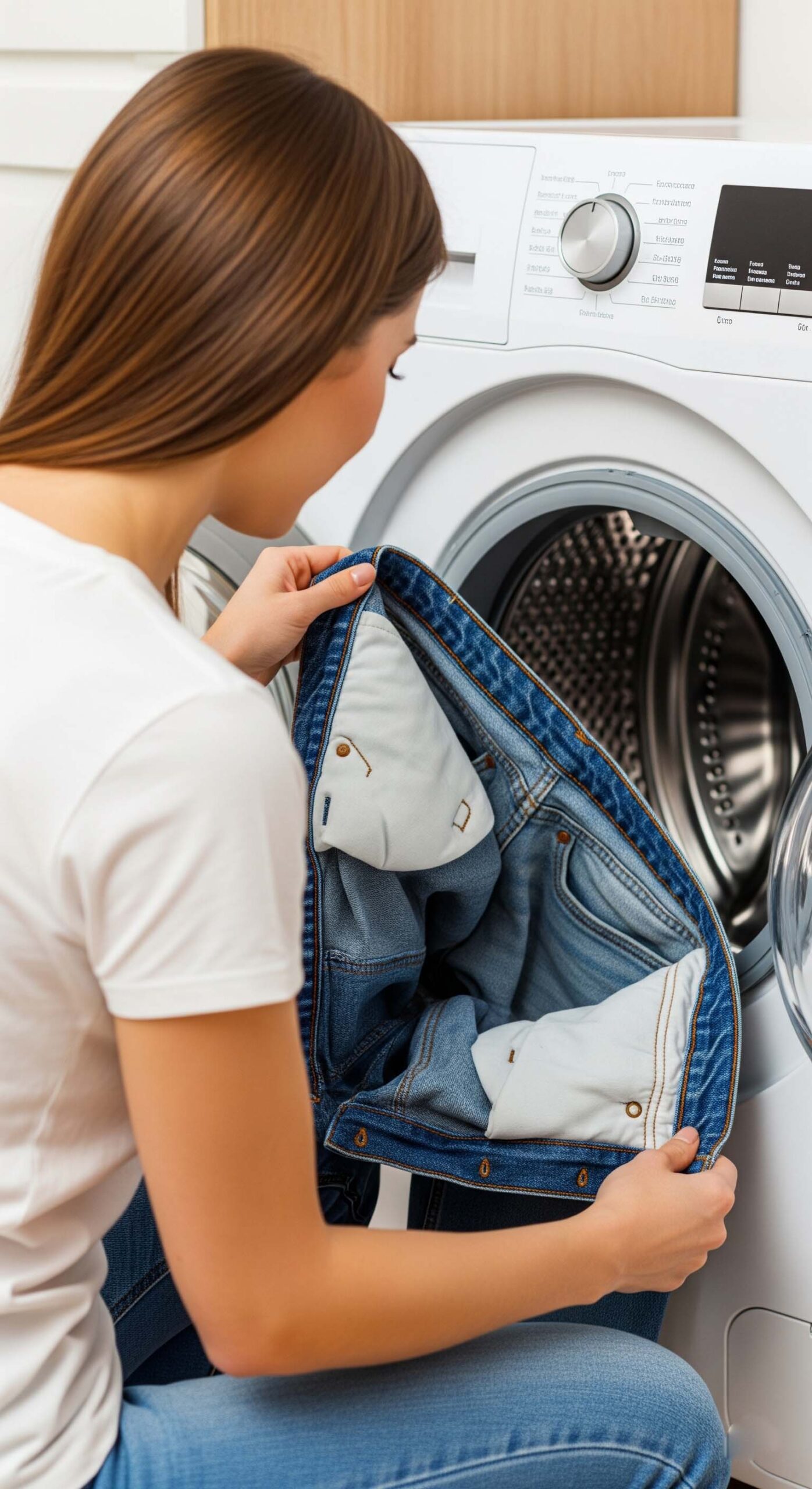 Come Lavare i Jeans Senza Rovinarli | Guida Definitiva 2025 3 Primo piano di un jeans al rovescio, con la parte interna più chiara e le cuciture esposte, pronto per un lavaggio che protegge il colore.