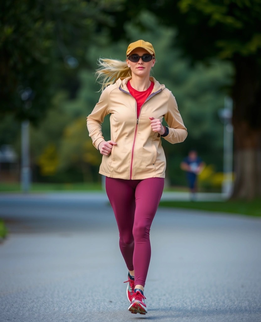 Abbigliamento da corsa donna per correre con 9 gradi: t-shirt tecnica ruggine, pantaloni 3/4 bordeaux, giacca softshell beige, cappellino tecnico e occhiali sportivi.
