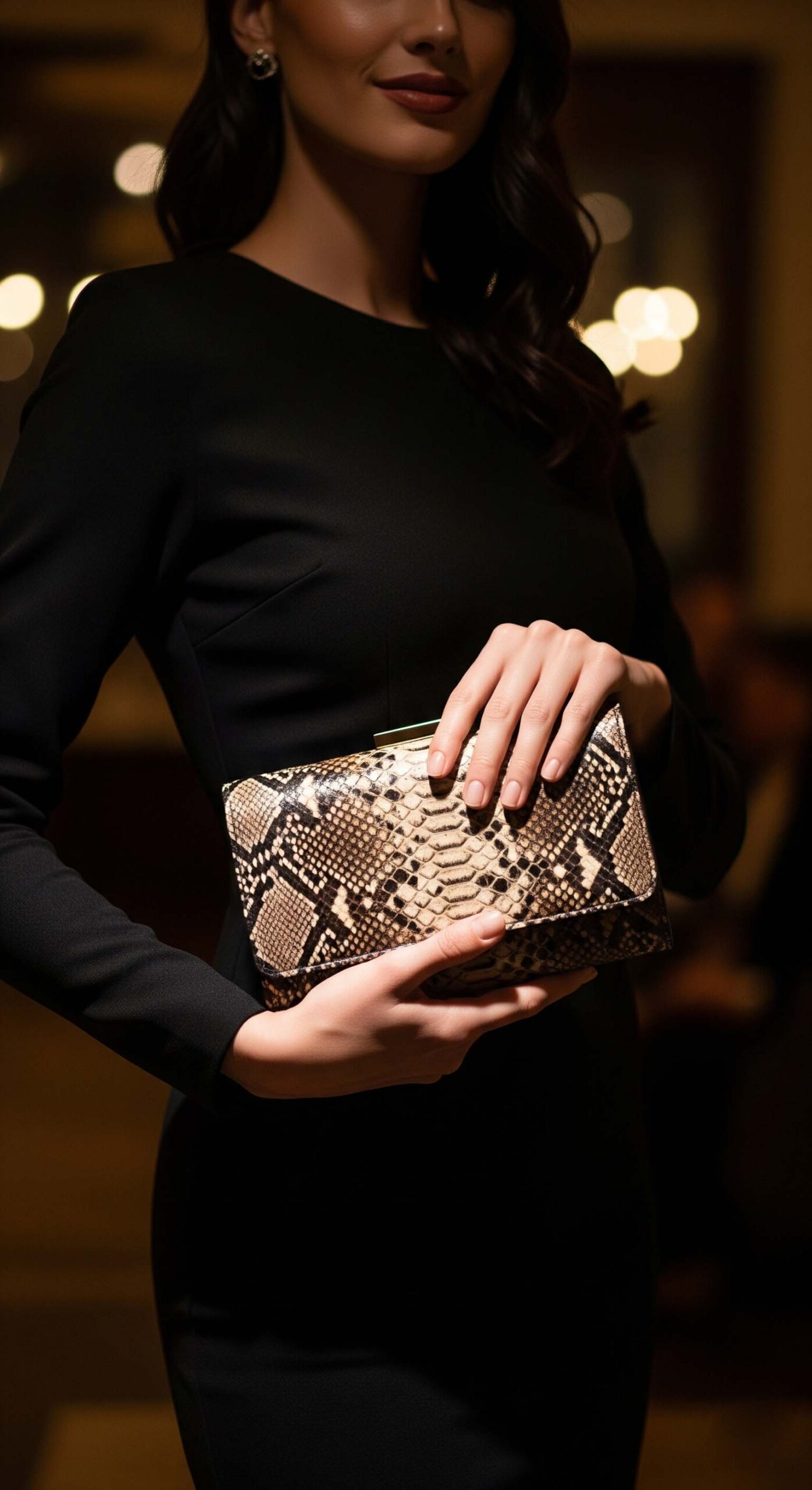 Come Abbinare il Pitonato: Guida 2025 per Look Perfetti 4 Una donna con un elegante look da sera total black che mette in risalto una pochette pitonata come unico accessorio a stampa, dimostrando la regola "un elemento alla volta".