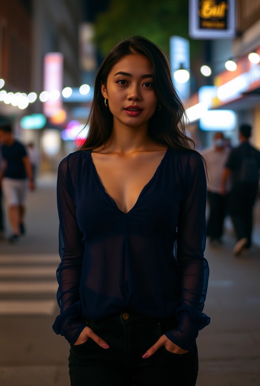 Donna con maglia blu trasparente che mostra come abbinare il reggiseno sotto un top leggero per un look elegante di sera