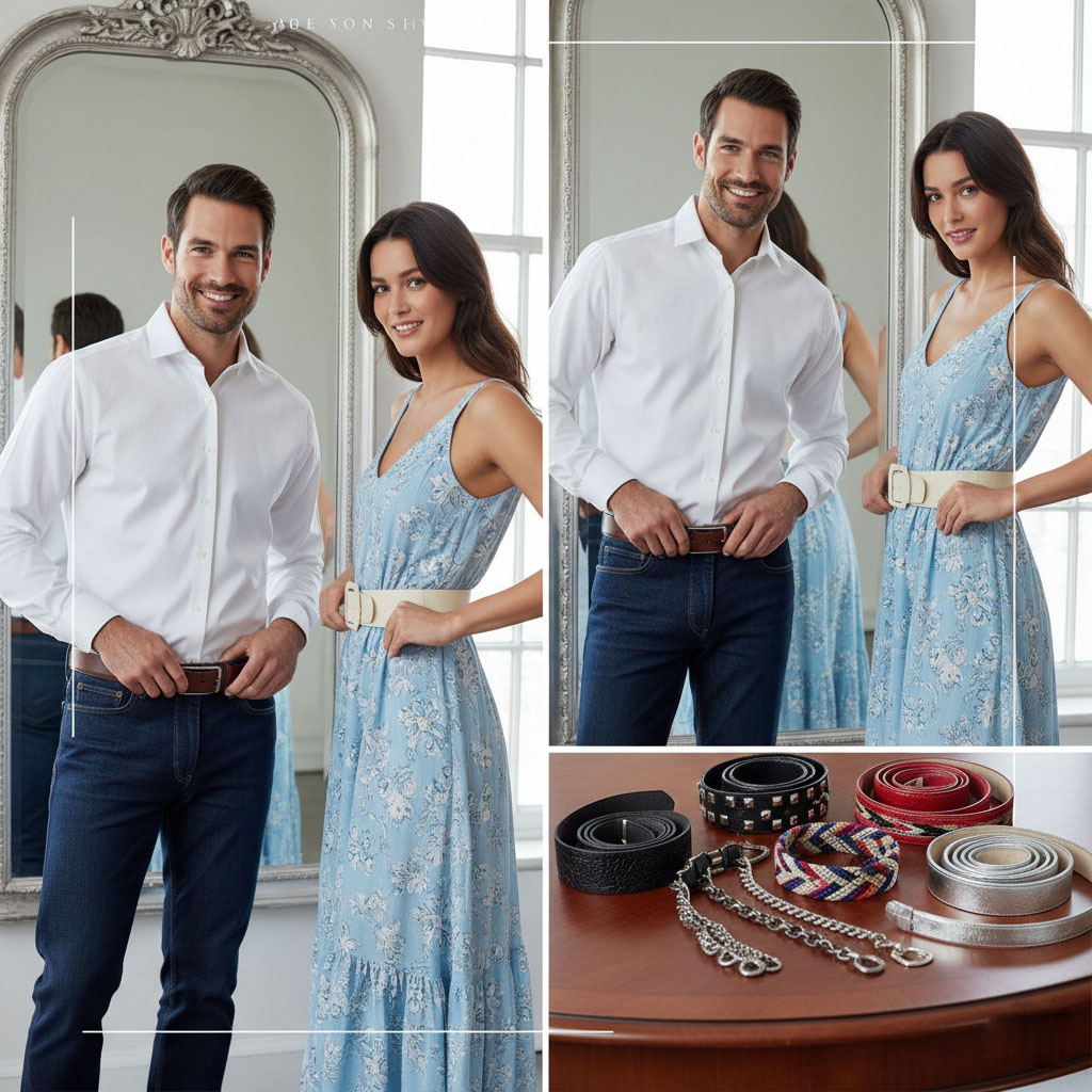 Uomo con camicia bianca e jeans e donna con abito azzurro davanti a uno specchio mentre indossano cinture diverse; sul tavolo varie cinture di stili e colori differenti, simbolo di come scegliere la cintura giusta in base al fisico e all’outfit.