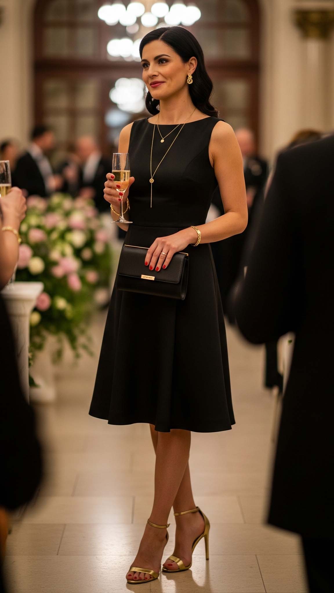 Come Abbinare un Tubino Nero: Guida 2025 a Look Infallibili 7 Look da cerimonia elegante: donna indossa un tubino nero senza maniche con sandali e accessori color oro, tenendo in mano una clutch nera