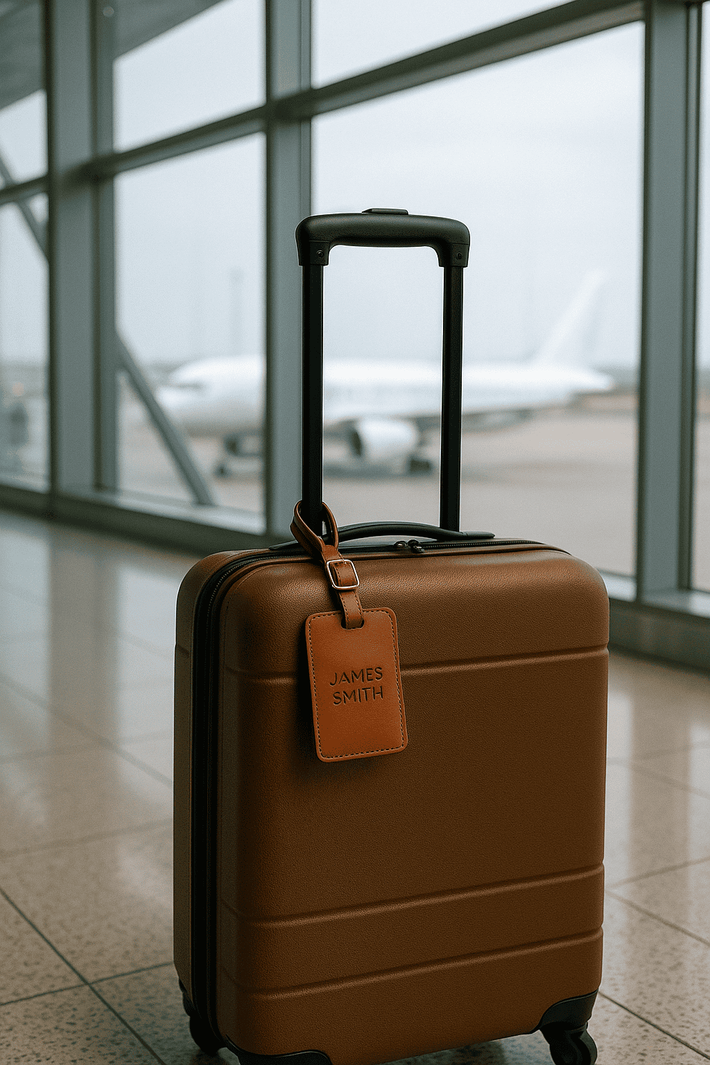 Elegante etichetta per valigia in pelle marrone applicata sulla maniglia di un trolley color cuoio, in un terminal dell'aeroporto con un aereo sullo sfondo