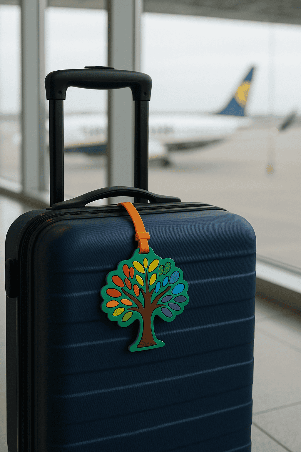Originale etichetta per valigia in silicone a forma di albero colorato, perfetta per rendere un trolley blu facilmente riconoscibile in aeroporto