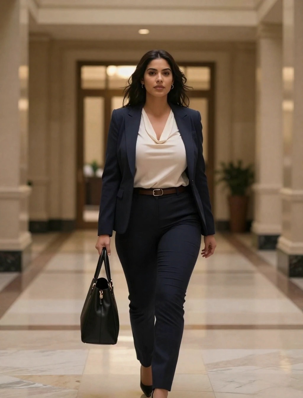 Donna con tailleur blu scuro e blusa avorio sotto la giacca che cammina in un edificio elegante con borsa nera, esempio di look professionale con sottogiacca raffinato