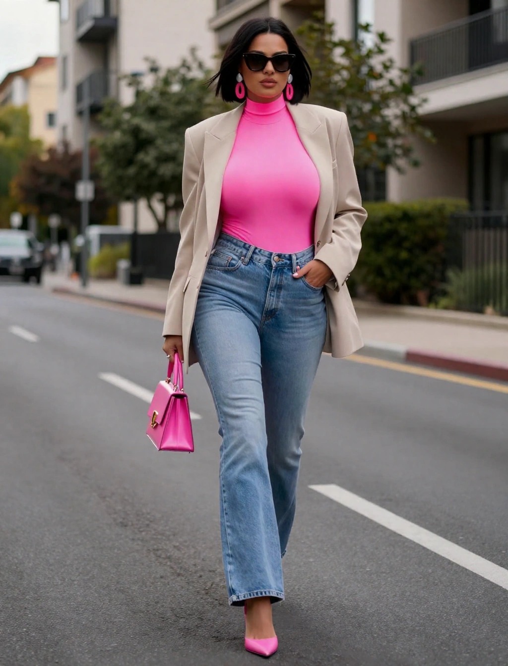 Outfit chic con body rosa fluo, blazer beige, jeans e accessori coordinati, esempio di look fluo elegante