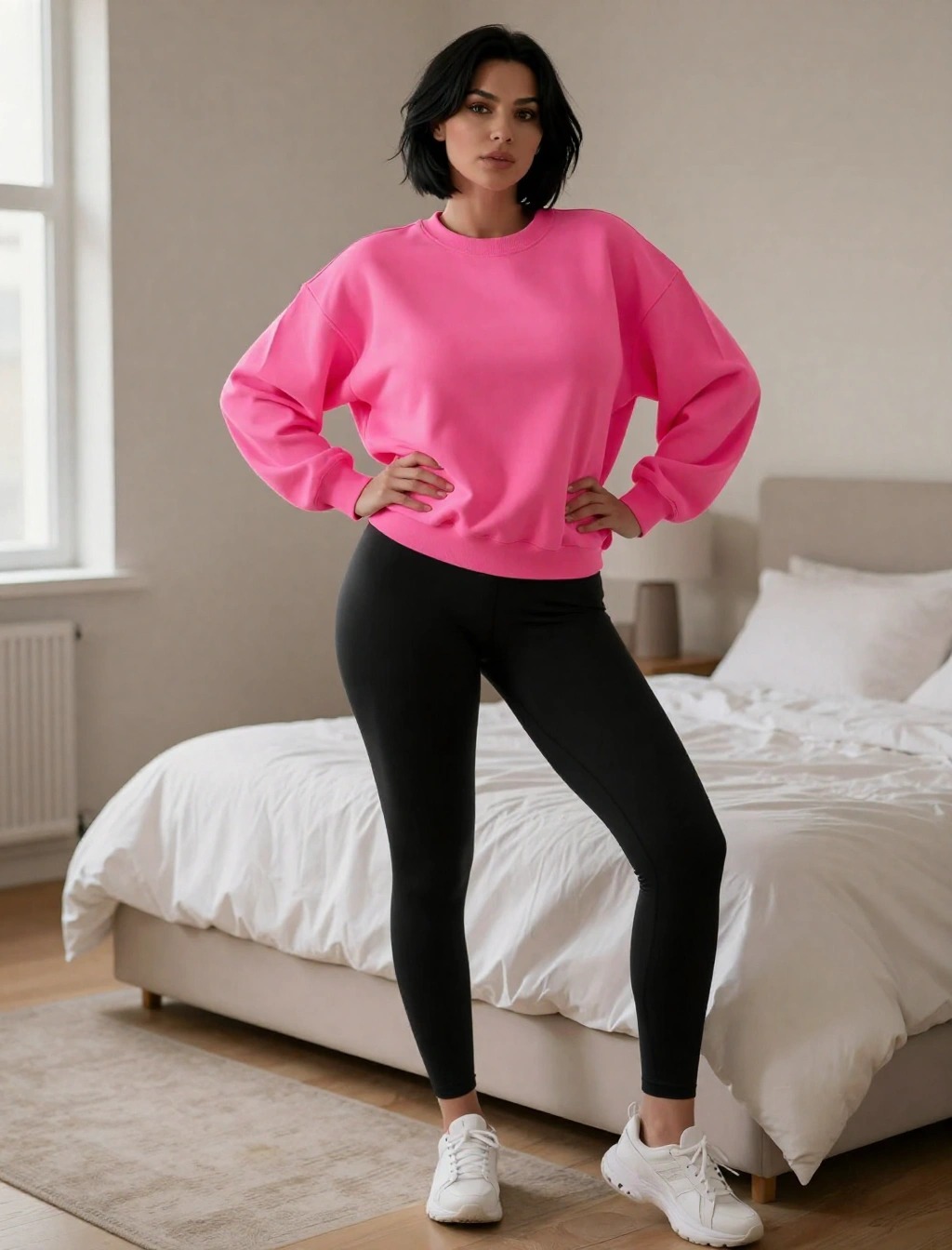 Donna con felpa rosa fluo e leggings neri, look sportivo casual per abbinare i colori fluo
